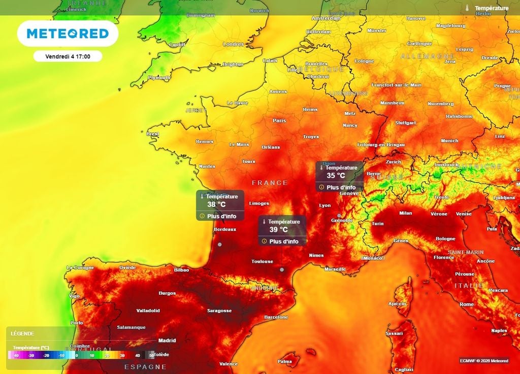 Des valeurs de 36 à 40°C sont attendues au sud-ouest vendredi après-midi Des valeurs de 36 à 40°C sont attendues au sud-ouest vendredi après-midi