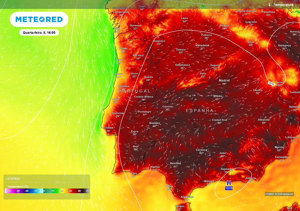O período entre as 16h e as 17h deverá voltar a corresponder ao momento de maior aquecimento, com Castelo Branco perto dos 39 ºC e Évora e Beja próximas dos 38 ºC.
