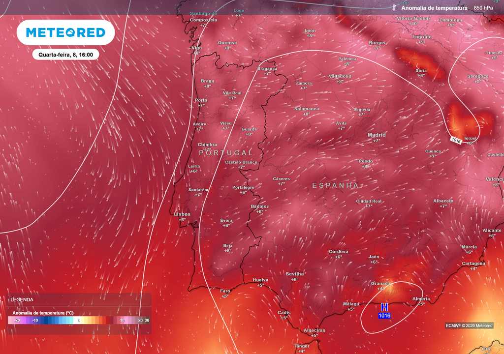Grande parte de Portugal continental deverá registar anomalias térmicas entre 6 e 8 ºC acima da média a 850 hpa (1500 metros de altitude), evidenciando a persistência deste episódio de calor.