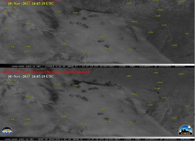 Imágenes de GOES-16 en diferentes canales: "Rojo" Visible (0.64 um, superior) e Infrarrojo Cercano "Nieve / Hielo" (1.61 um, inferior), con identificadores de las estaciones de superficie trazados en amarillo. Pulse aquí para la animación.
