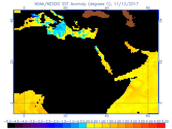 Anomalías de la SST del mar dadas por NOAA. La zona de interés, donde se va a desarrollar en medicane, tiene anomalías negativas. Anomalías de la SST del mar dadas por NOAA. La zona de interés, donde se va a desarrollar en medicane, tiene anomalías negativas.