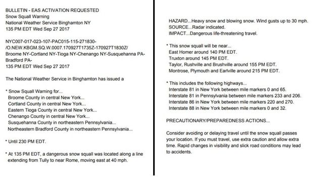 Ejemplo de un aviso de nevada