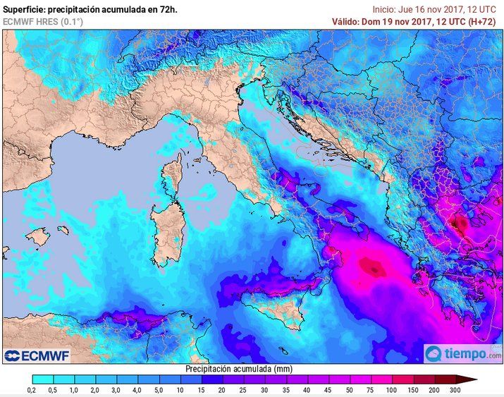 Precipitación acumulada por el modelo del ECMWF de alta resolución entre 16 nov 12 UTC y 19 nov. 12 UTC 2017. Precipitación acumulada por el modelo del ECMWF de alta resolución entre 16 nov 12 UTC y 19 nov. 12 UTC 2017.