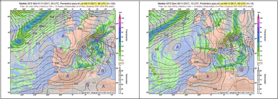 Fig. 1.- Mapas previstos por GFS/Ogimet.com a nivel del mar para el 6 de noviembre de 2017, a 00 UTC, a 120 horas (izquierda) y a 12 horas (derecha)
