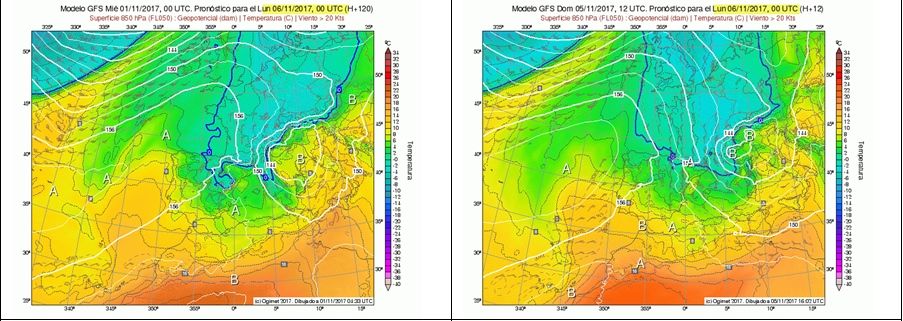 Fig. 1.- Mapas previstos por GFS/Ogimet.com a 850 hPa, para el 6 de noviembre de 2017, a 00 UTC, a 120 horas (izquierda) y a 12 horas (derecha)
