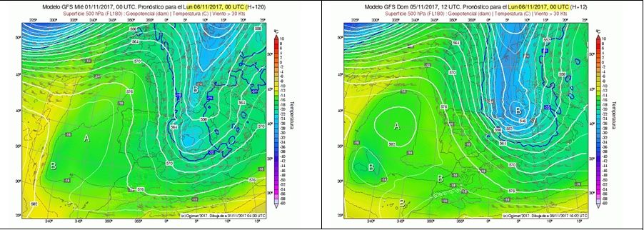 Fig. 1.- Mapas previstos por GFS/Ogimet.com, a 500 hPa (abajo), para el 6 de noviembre de 2017, a 00 UTC, a 120 horas (izquierda) y a 12 horas (derecha)