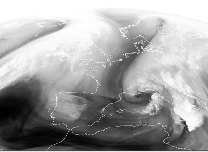 Fig. 2.- Imagen satélite del ciclón mediterráneo de día 6 de noviembre de 2017 UTC, a las 06 UTC, Canal 5, Meteosat (Eumetsat/Dundee University), mostrando un espectacular enroscamiento en espiral, en la zona del Mar Ligur / golfo de Génova.