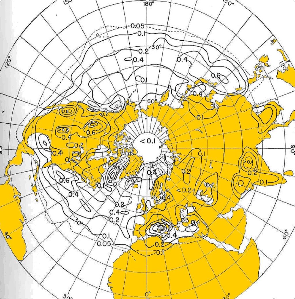 Fig. 3.- Frecuencia de ciclogénesis por unidad de área, en invierno, según Sverre Pettersen, 1956. El máximo se sitúa en el Mediterráneo occidental.