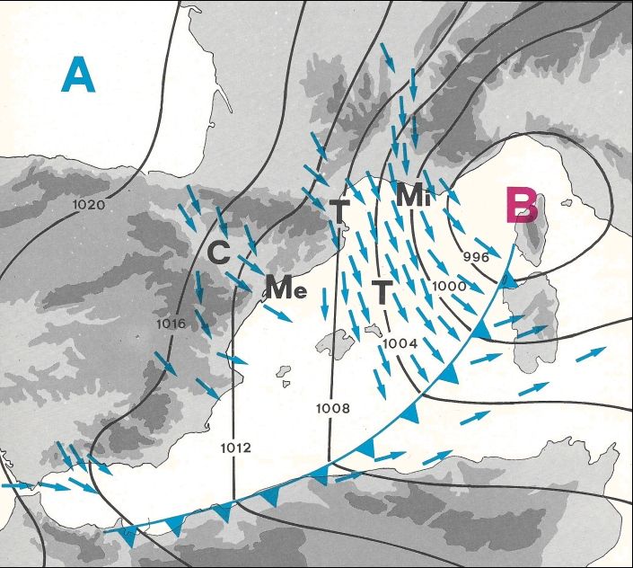 Fig. 4.- Borrasca de Génova (B), con el sistema de vientos frecuentemente asociado a su establecimiento. Mi=Mistral, T=Tramontana, C=Cierzo, Me=Mestral. Dibujo de A. Jansà, publicado en el capítulo de Climatología de la Enciclopedia de Menorca (Maó, 1979).