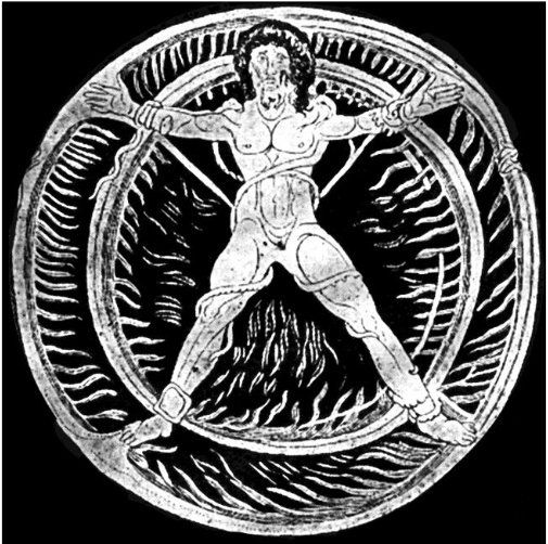 Figura 2. "Ixión sobre la Rueda", atado con serpientes: detalle de un vaso. Paolo C., 2016