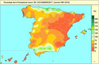 Avance climático nacional de noviembre 2017 en España: muy seco y normal en temperaturas