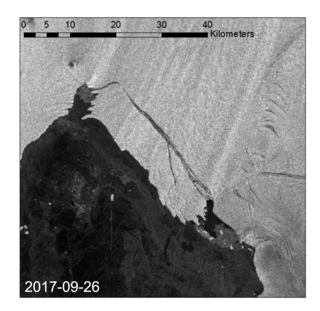 Animación con imágenes satelitales modificadas capturadas por el satélite europeo Sentinel-1 que muestra la desintegración del iceberg que se desgajó en Pine Island Glacier en septiembre de 2017 (BAS / ESA)