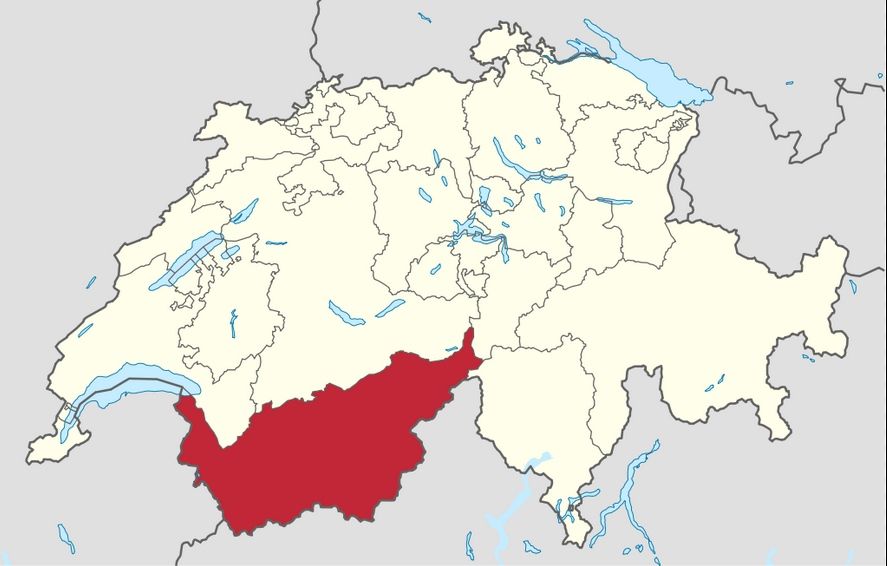 Zona del cantón del Valais en rojo.Wikipedia.
