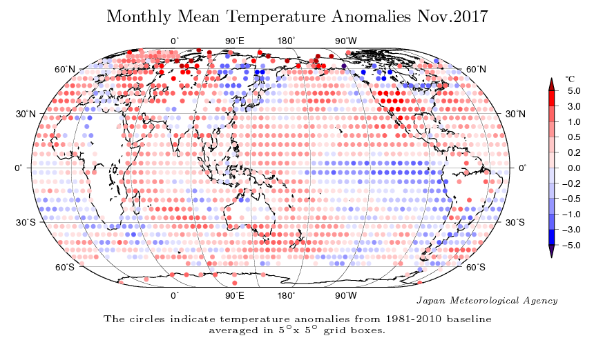 Mapas de anomalías térmicas para noviembre de 2017 respecto al periodo base respectivo de cada organización. NOAA