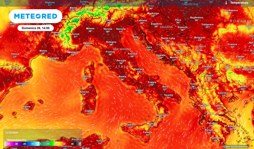 Temperature massime previste in Italia nella giornata di domenica.
