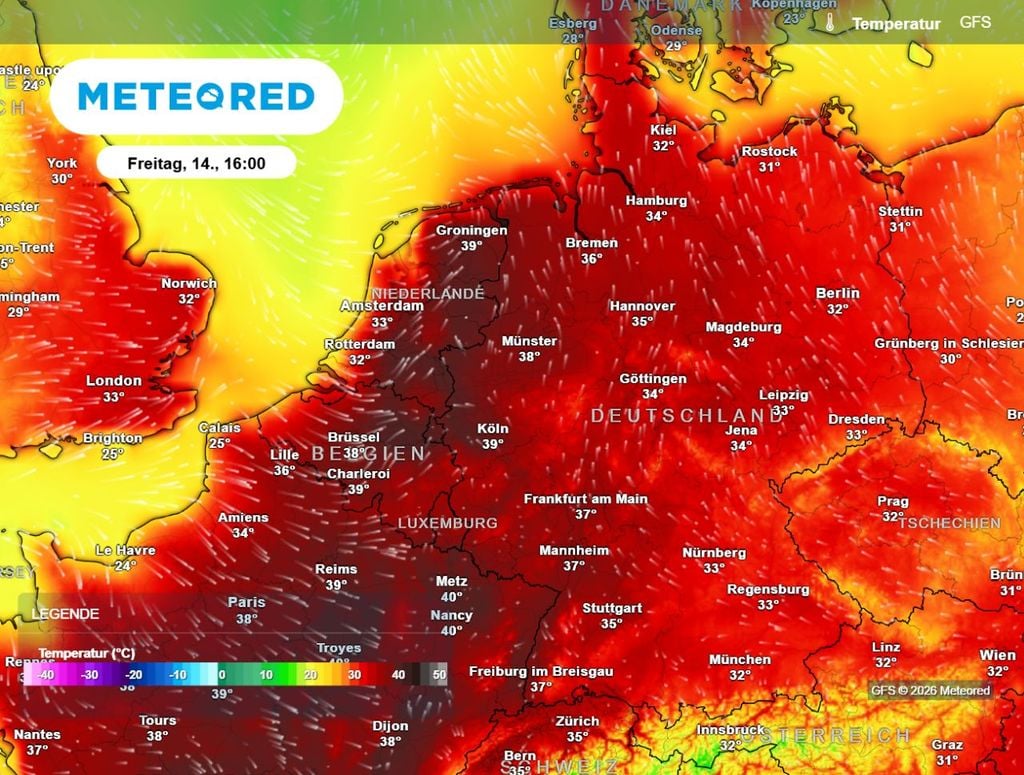 39 grad, freitag, hitzewelle Der Freitag wird in Deutschland nochmal extrem heiß. Auf bis zu 39 Grad klettern die Temperaturen.
