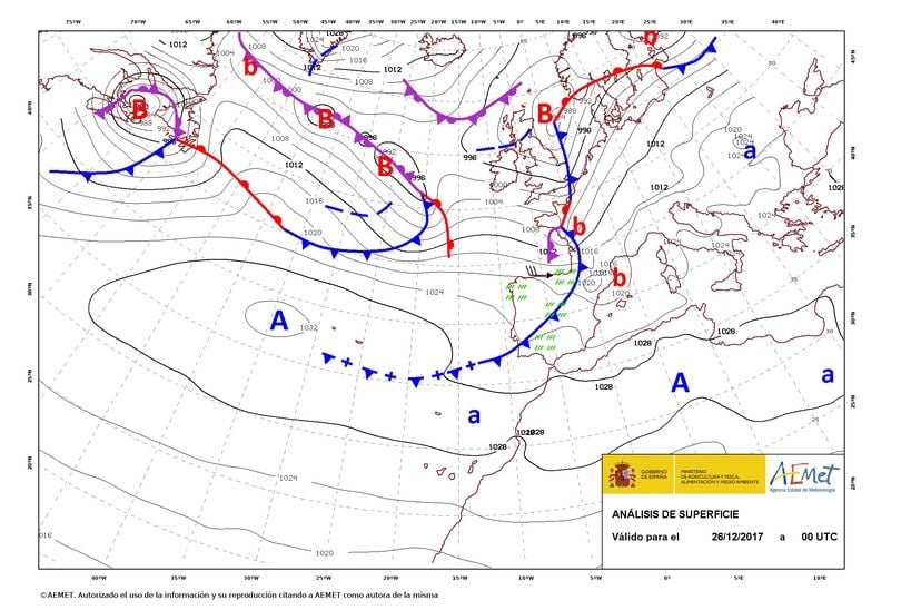 Mapa de superficie de AEMET de las 00 UTC del día aludido. Bruno aún no se ha formado Mapa de superficie de AEMET de las 00 UTC del día aludido. Bruno aún no se ha formado