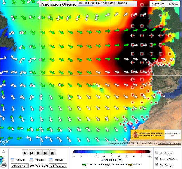 Oleaje previsto por Puertos del Estado para el 6 de enero de 2014 a las 15 GMT.