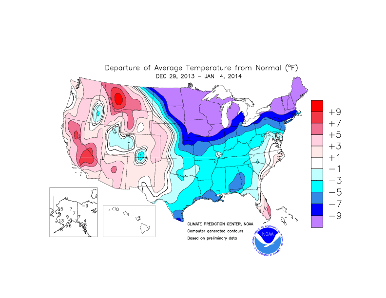 Anomalías de temperatura en EEUU para las fechas señaladas de este invierno de hasta -9 ºF. Fuente: NOAA.