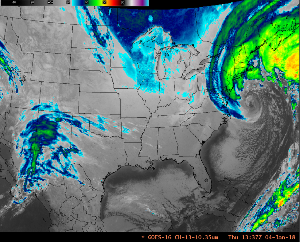 Imágenes del canal IR (10.3 ?m), de GOES-16 0102-1337 UTC el 4 de enero de 2018 Imágenes del canal IR (10.3 ?m), de GOES-16 0102-1337 UTC el 4 de enero de 2018