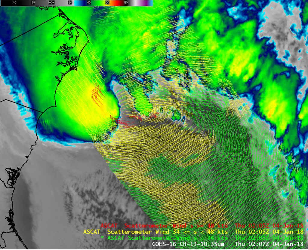 Imagen GOES-16 ABI (10.3 ?m) y vientos Scatterometer de ASCAT, 0205 UTC el 4 de enero de 2018. Imagen GOES-16 ABI (10.3 ?m) y vientos Scatterometer de ASCAT, 0205 UTC el 4 de enero de 2018.