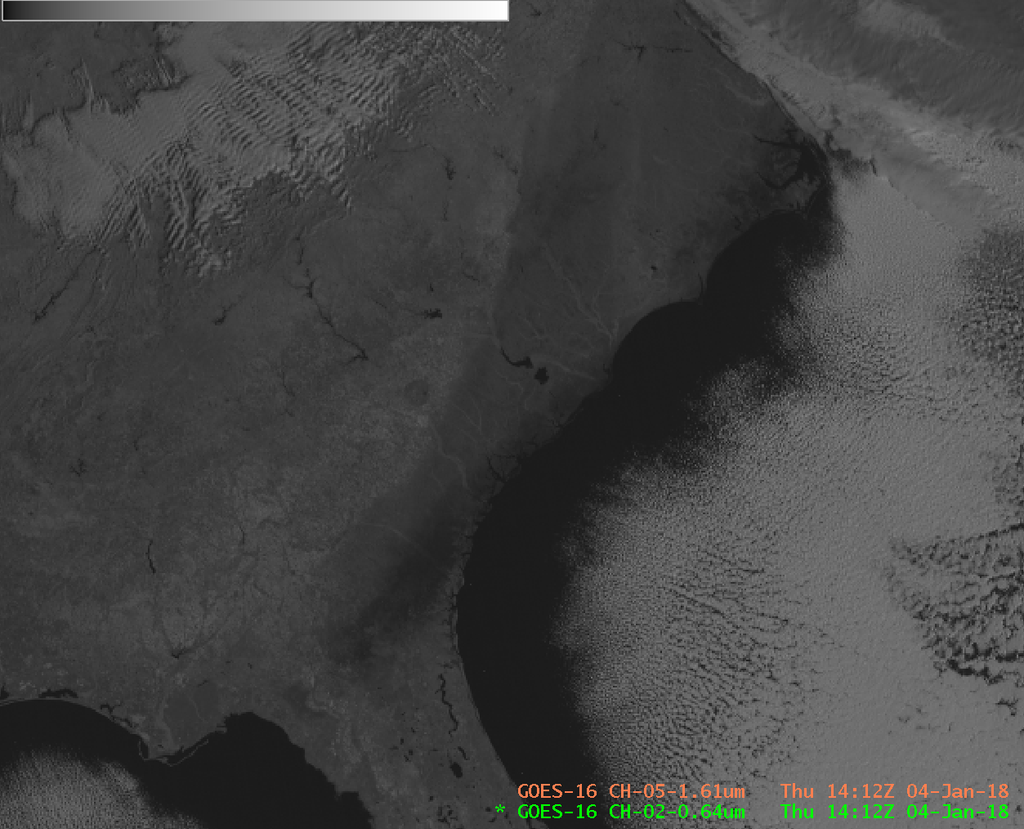 Imágenes de Nieve / Hielo GOES-16 ABI Banda 5 (1.61 ?m), 1412 UTC del 4 de enero de 2018. Imágenes de Nieve / Hielo GOES-16 ABI Banda 5 (1.61 ?m), 1412 UTC del 4 de enero de 2018.
