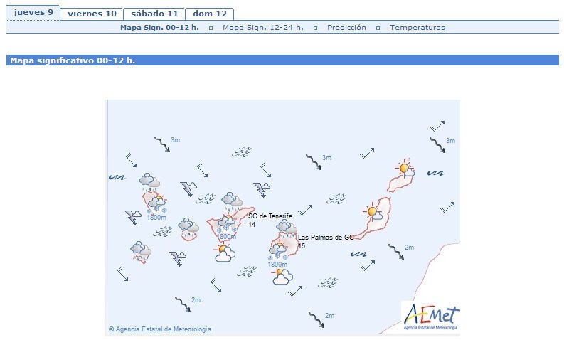 Mapas de avisos para Canarias, y solo por nevadas, para el 9 de enero de 2014 (a las 07 hl), arriba, y predicción general para Canarias entre 00-12h para el mismo día.