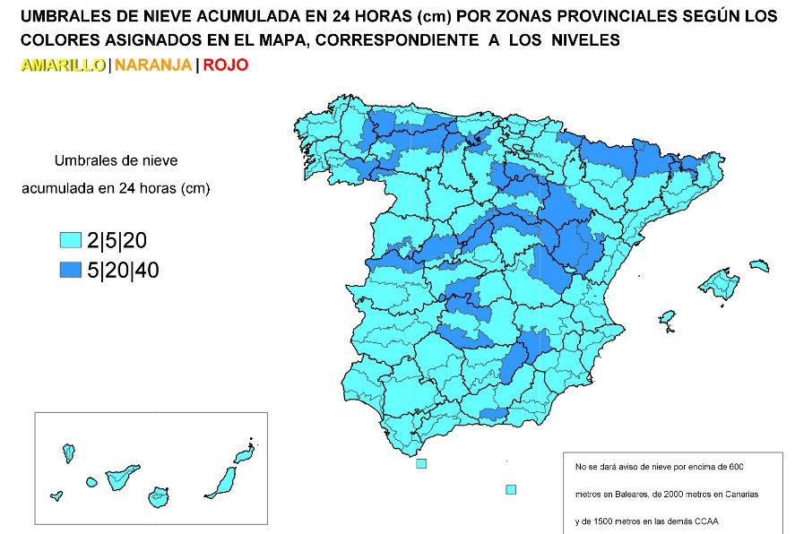 Zonas provinciales, arriba para las Islas Occidentales, y umbrales de avisos por nieve acumulada en 24 h, abajo, para Canarias, recuadro inferior izquierda, según Plan Meteoalerta