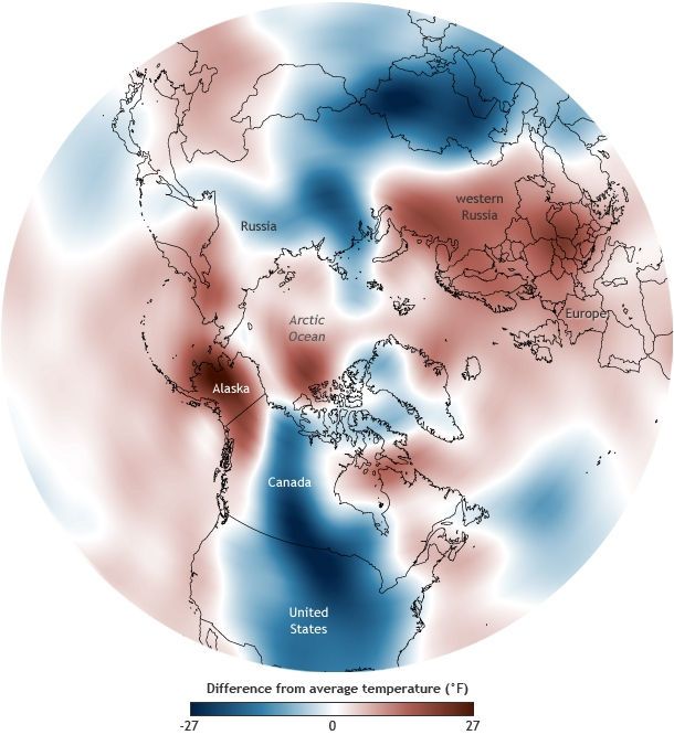 Anomalía de las temperaturas del aire a 1000 hPa del 5-7 en 2014, en comparación con la media de 1981-2010.Mapa de la NOAA Climate.gov, basado en datos de reanálisis NCEP proporcionadas por la División de Ciencias Físicas ESRL NOAA.