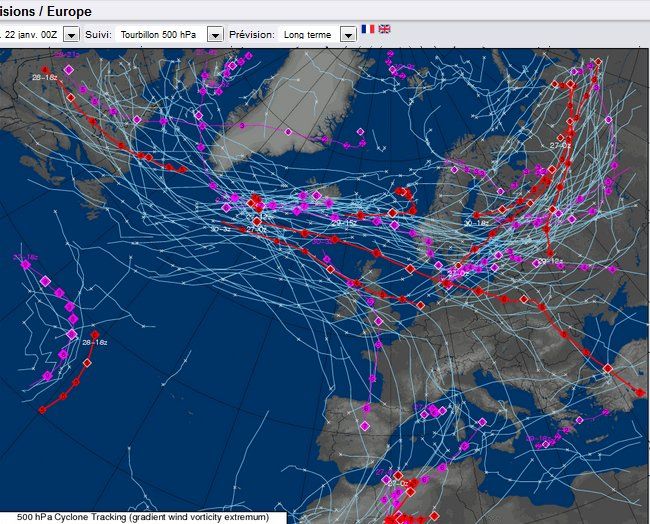 Trayectoria del centro de la DANA en 500 hPa a medio plazo. Nótese el aumento de la incertidumbre a medida que aumenta el plazo de predicción. Fuente Meteocentre. Trayectoria del centro de la DANA en 500 hPa a medio plazo. Nótese el aumento de la incertidumbre a medida que aumenta el plazo de predicción. Fuente Meteocentre.