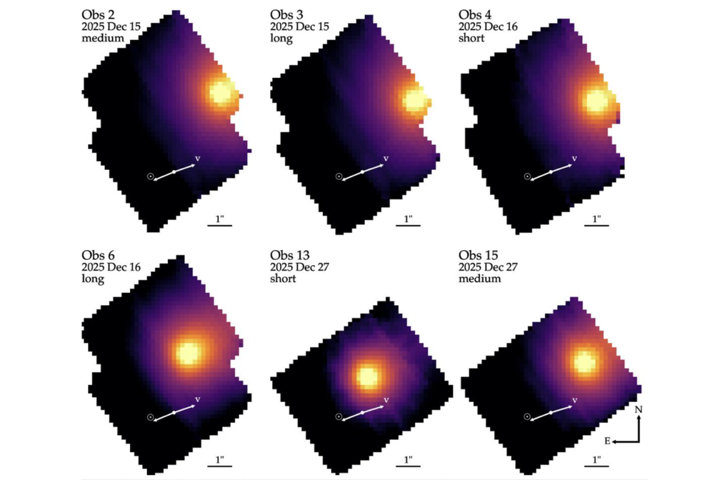 O 3I/ATLAS revelou metano em seu interior após perder suas camadas superficiais aquecidas pelo Sol, expondo material mais primitivo. Crédito: Belyakov et al. 2026
