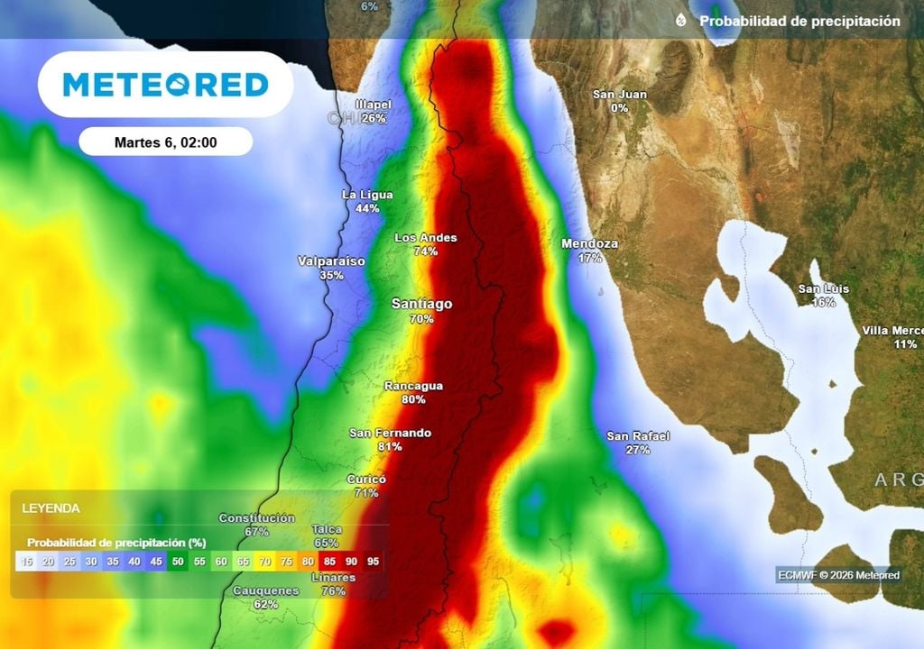 Probabilidad Probabilidad de ocurrencia de lluvias sigue aumentando: en Santiago ya supera el 70 % con valores más elevados en zonas cordilleranas.