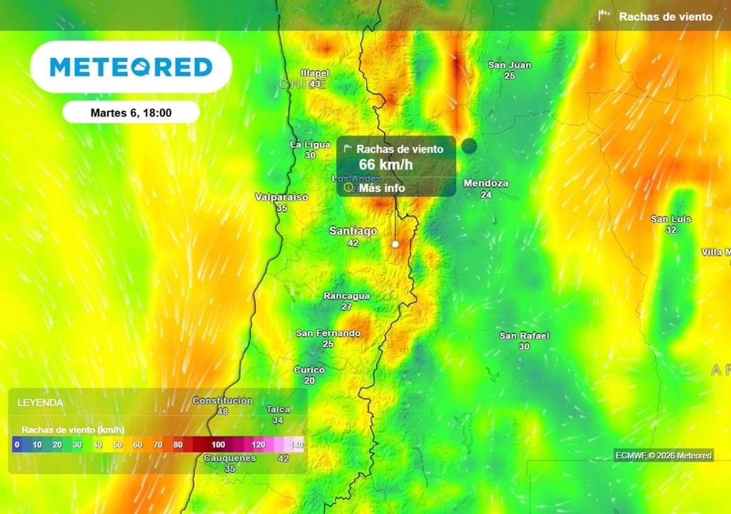 Rachas de viento Como es habitual, algunos pulsos de lluvias llegarán acompñados por el incremento del viento: en Santiago las rachas llegarían hasta los 40 km/h.