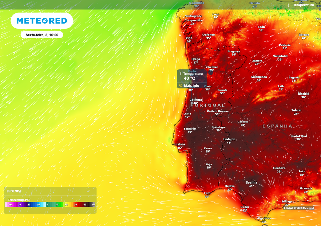 Previsão para sexta-feira, 3 de julho. Neste dia, cidades como Coimbra e Leiria atingirão os 40 ºC.