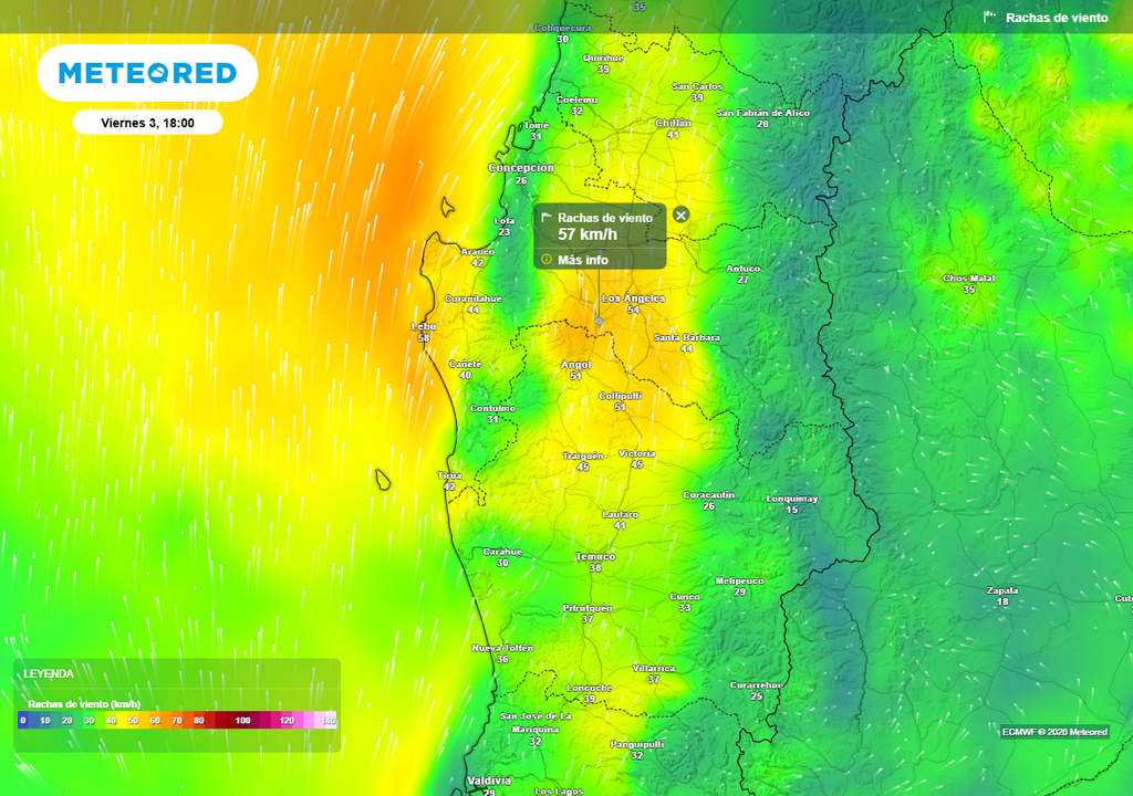 Rachas de viento (km/h) para la tarde del Viernes Santo en las regiones de Ñuble, Biobío y La Araucanía.