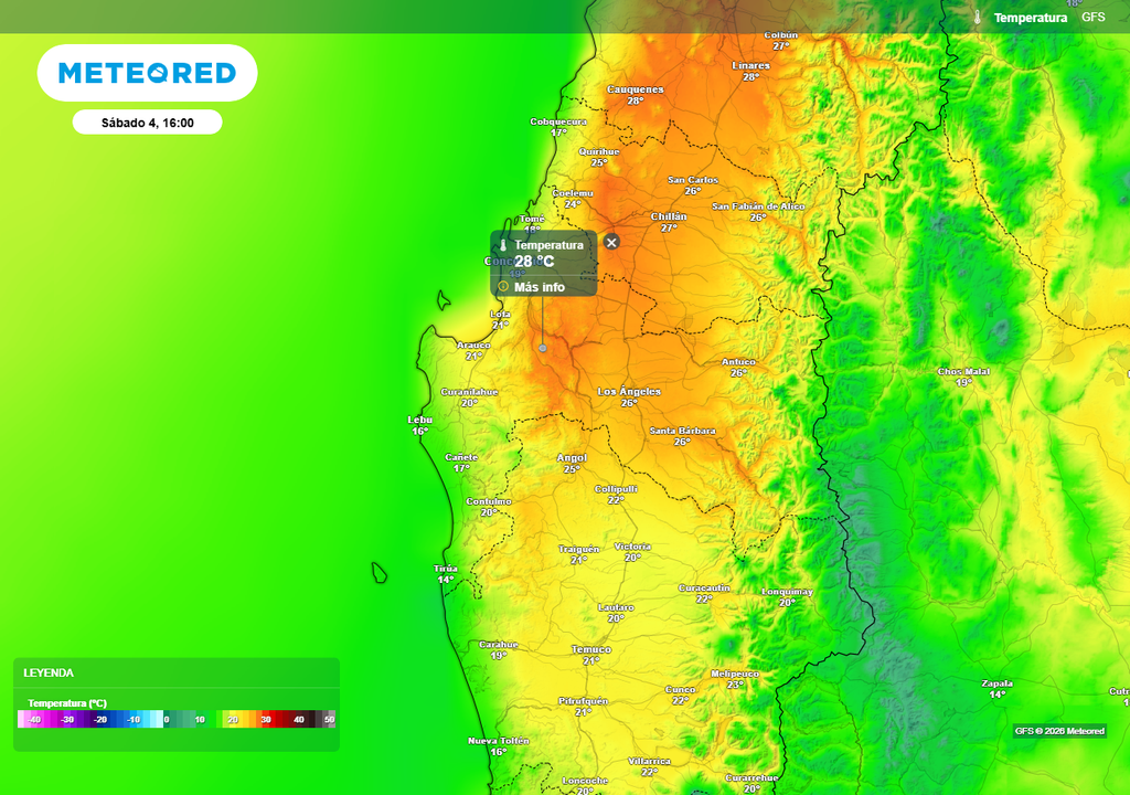Temperatura máxima (°C) para el Sábado Santo en Chile centro-sur.