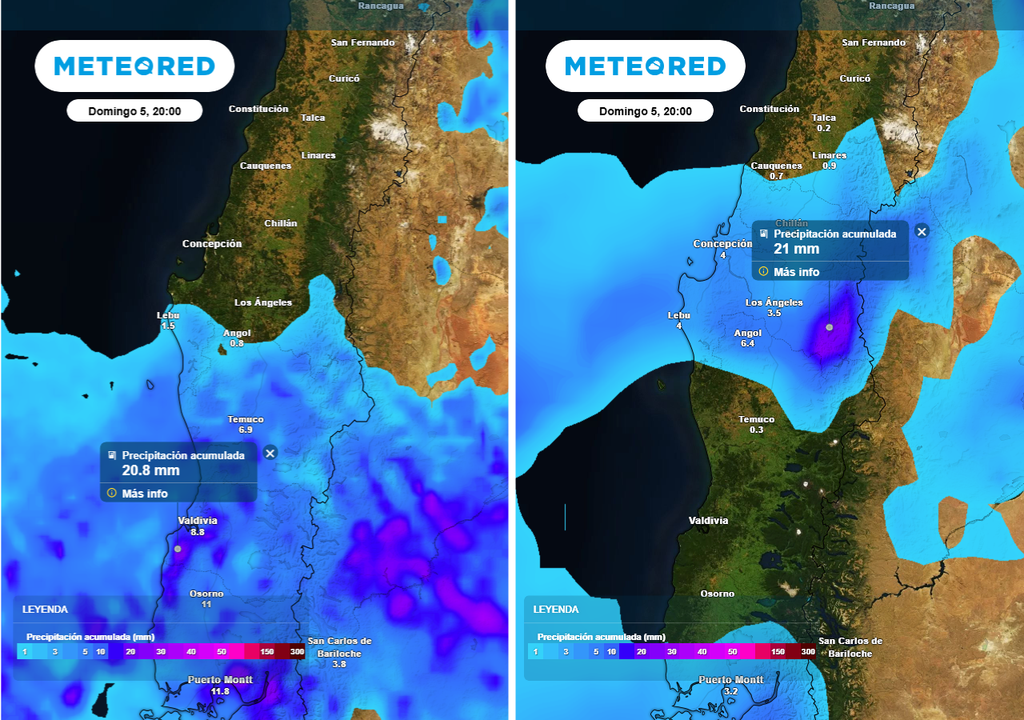 Precipitación acumulada (mm) hasta la noche del Domingo de Pascua en Chile centro-sur. Modelos del ECMWF (imagen izquierda) y el GFS (imagen derecha).