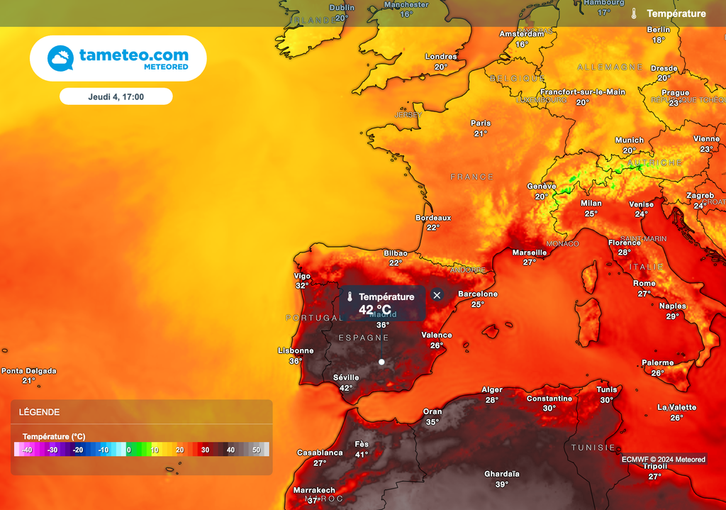 Plus de 40°C dans le sud de l'Espagne ce jeudi après-midi. Plus de 40°C dans le sud de l'Espagne ce jeudi après-midi.