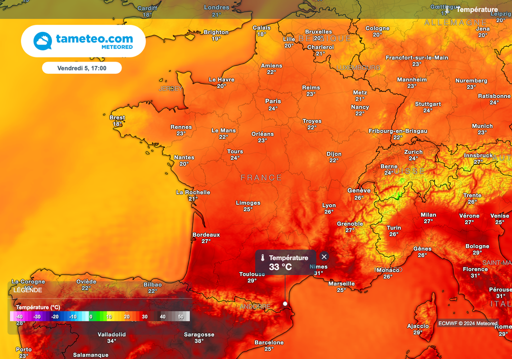 Maximales prévues ce vendredi après-midi en France. Maximales prévues ce vendredi après-midi en France.