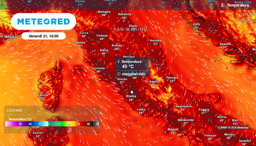 Le temperature si posizioneranno sui 40 °C già da giovedì 30 luglio. Venerdì 31 probabile vedere i 40 gradi a Roma e dintorni.