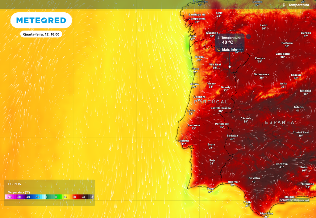 A partir de quarta-feira, 12 de agosto, prevê-se uma subida generalizada das temperaturas máximas em Portugal continental. Algumas localidades poderão voltar a registar máximas iguais ou inclusive ligeiramente superiores ao patamar dos 40 ºC.