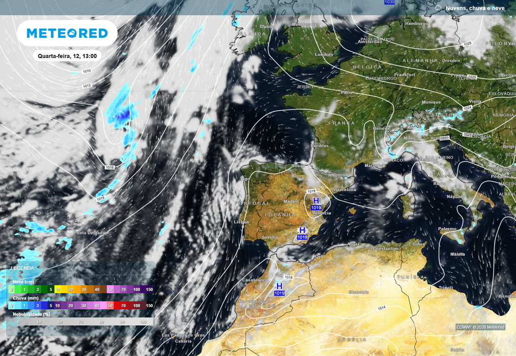 Uma extensa região de altas pressões (crista anticiclónica) reforçará a sua influência sobre a Península Ibérica na semana de 10 a 16 de agosto, proporcionando estabilidade atmosférica persistente, acompanhada de uma gradual intensificação do calor diurno e noturno.