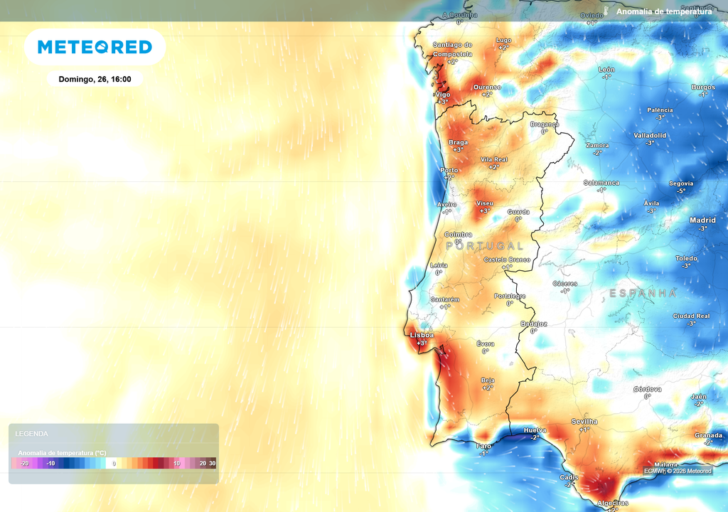O domingo marcará o início da recuperação das temperaturas. Apesar da subida dos termómetros, o mapa de anomalias mostra um cenário próximo da normalidade climatológica para a época.
