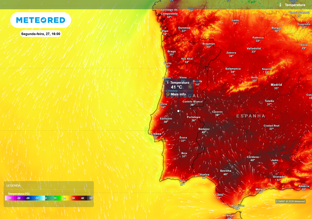 A massa de ar quente volta a expandir-se sobre Portugal Continental. Os modelos apontam para temperaturas próximas ou superiores a 40 °C em alguns locais do interior durante os dias 27 e 28.