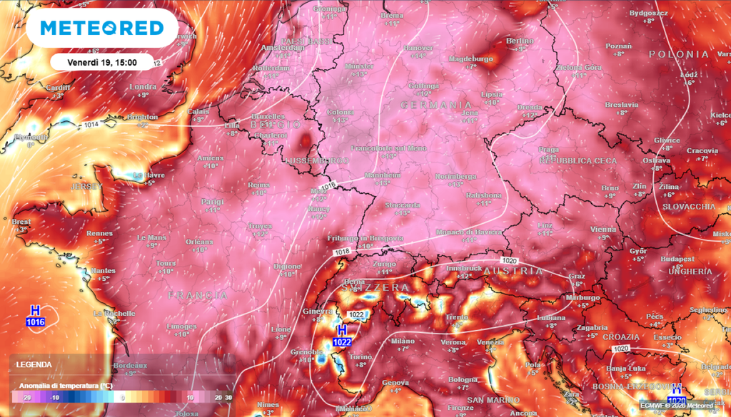 Ondata di calore. Giorno dopo giorno si forma una vera e propria bolla di aria calda nei primi 5 km dell’atmosfera sopra Spagna, Francia e Germania occidentale. Questa bolla si sposta poi gradualmente verso est, coinvolgendo le Alpi, la Pianura Padana e, in seguito, pure parte dell’Europa centro-orientale.
