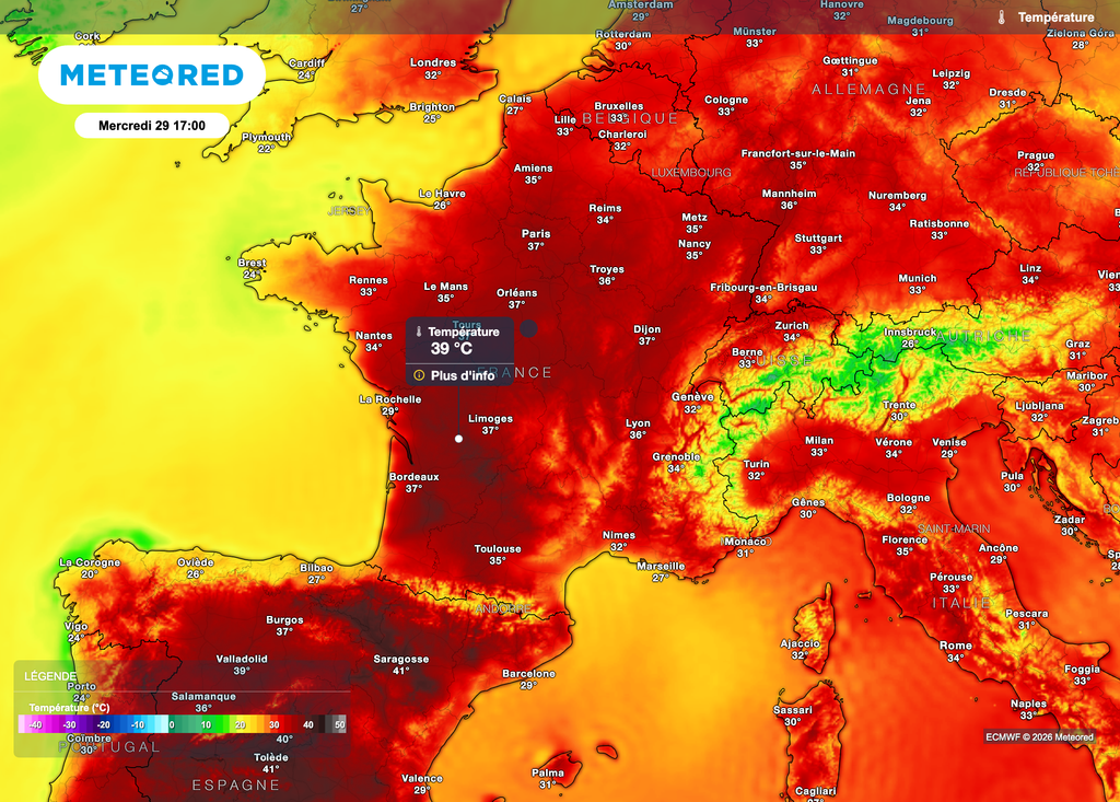 Le modèle européen opte aussi pour des 40°C mais de façon plus localisée. Il fera néanmoins bien trop chaud. Le modèle européen opte aussi pour des 40°C mais de façon plus localisée. Il fera néanmoins bien trop chaud.