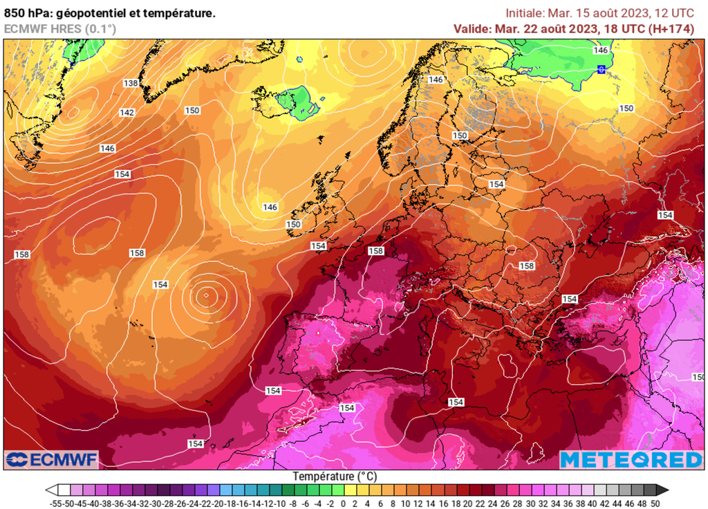 Sur cette carte, on distingue nettement la masse d'air brûlant attendue en début de semaine prochaine sur la France. L'Espagne sera aussi concernée.