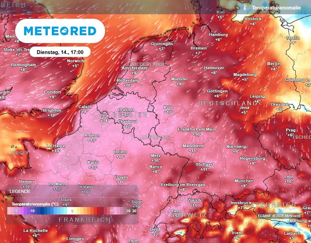 hitzewelle, deutschland, wetter Es ist schon wieder heiß und erneut deutlich zu heiß. Das zeigt die Karte mit den Temperaturanomalien am Dienstag (14. Juli).