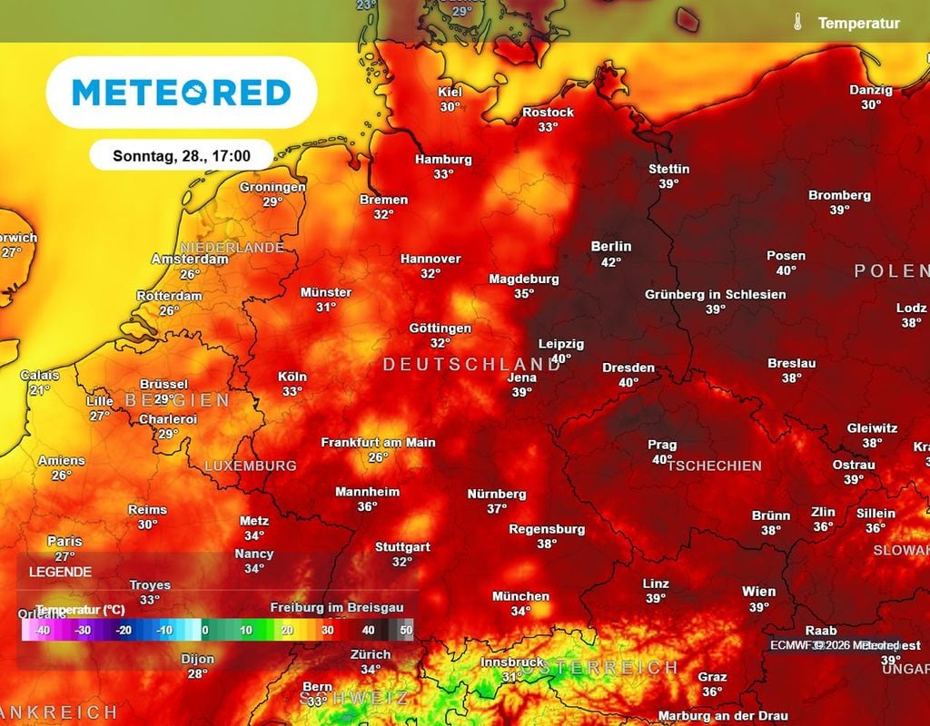 Der Osten kocht am Sonntag, in der Spitze sind um 40 bis 42 Grad möglich.