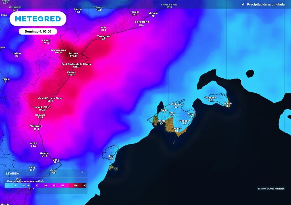 Precipitación acumulada prevista por el modelo europeo hasta la medianoche del domingo.